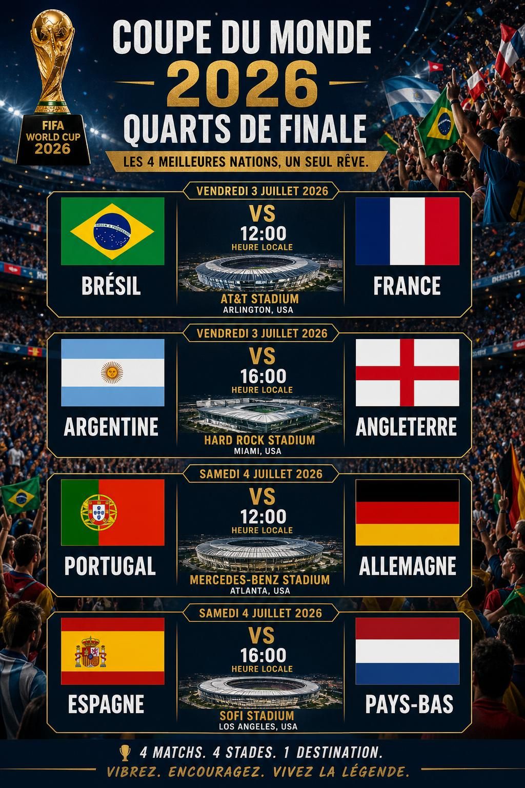 suivez en détail le calendrier complet des quarts de finale de la coupe du monde 2026 et ne manquez aucun match décisif de cet événement mondial.
