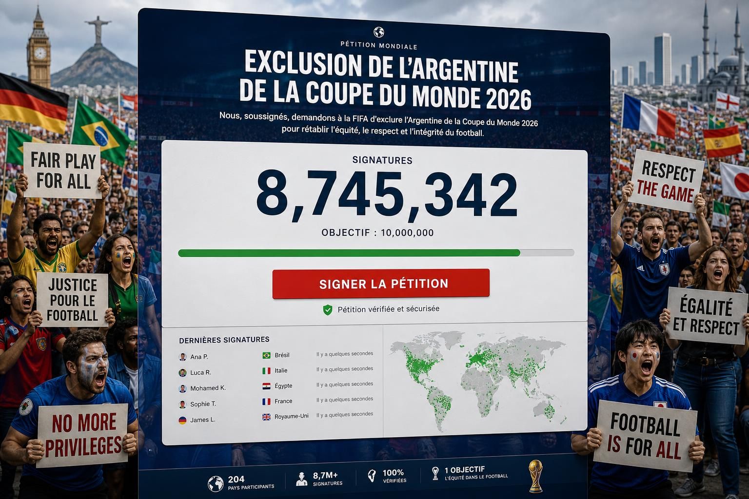 découvrez la pétition ayant recueilli plus de 23 millions de signatures demandant l'exclusion de l'argentine de la coupe du monde 2026, un mouvement majeur qui secoue le monde du football.